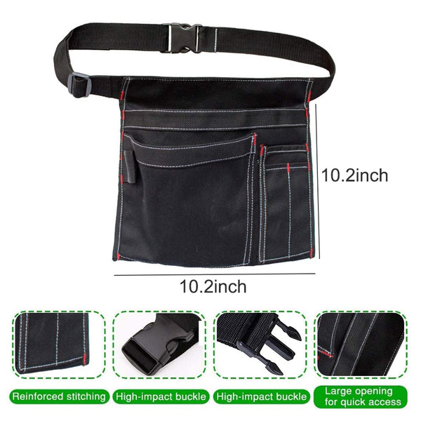 Cyleibe Tool Belt Pouch, 12OZ Multifunctional Canvas Waist Apron Tool Pocket Bags with Adjustable Belt Clip for Workshop Storage/Wood Working Tools/Screwdriver Pouch/Garden - Black