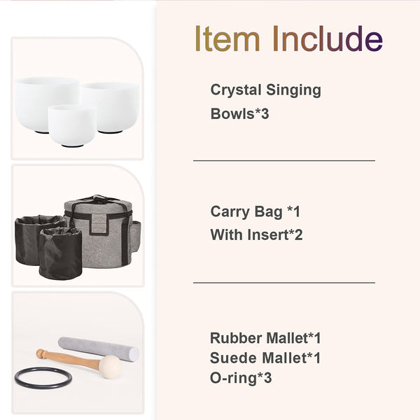 CVNC Set of 3 PCS 440HZ 8" A + 10" F + 12" C Frosted Quartz Crystal Singing Bowls with Travel Carry Case Bag for Sound Healing and Meditation