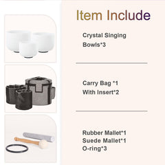 CVNC Set of 3 PCS 440HZ 8" A + 10" F + 12" C Frosted Quartz Crystal Singing Bowls with Travel Carry Case Bag for Sound Healing and Meditation