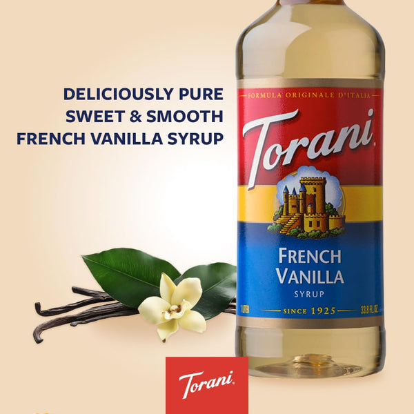 Torani French Vanilla Coffee Syrup (750ml) – Premium Cane Sugar French Vanilla Syrup for Coffee, Lattes, Hot Chocolate & Protein Shakes – Rich, Creamy & Delicious – Ideal for Drinks and Desserts