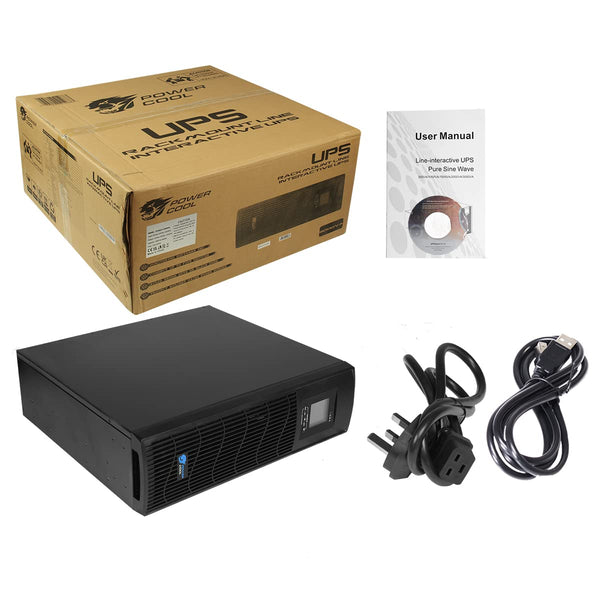 Powercool Intelligent Rackmount UPS Series, Uninterruptible Power Supply, 3000VA, 3U, 2 x UK Socket, 3 x IEC 320 C13, 2 x RJ45, 1 x USB, Stand Alone, Rack Or Wall Mountable | Black