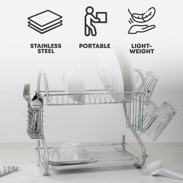 SQ Professional Dish Drainer | 2 Tier Aluminium dish drying rack | Dish Drainer with Detachable Plastic drip tray |Utensil and Cup Holder |Dish rack for Kitchen Countertop (Silver)