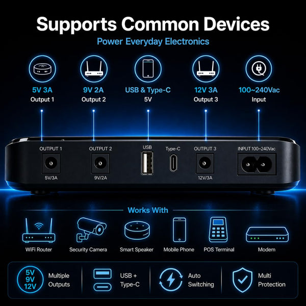 SKE Mini UPS UK DC20000mAh Battery Backup & Surge Protector UK Uninterruptible Power Supply for Router Modem USB Type-C Mini UPS 5V/9V/12V