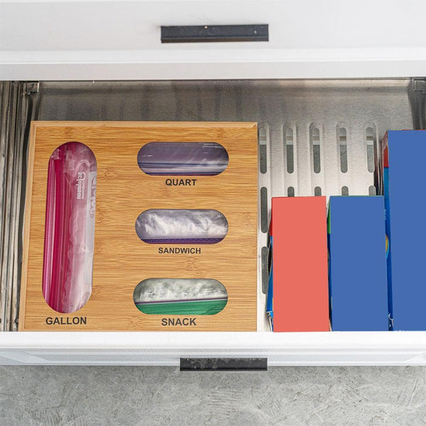 SHUZHENG Food Ziplock Bag Storage Organizer For Kitchen Drawer, Bamboo Baggie Holder,Bamboo Organizer, Compatible with Gallon, Quart, Sandwich and Snack Variety Size Bag