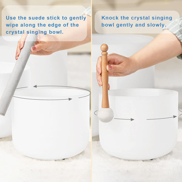 CVNC Set of 3 PCS 440HZ 8" A + 10" F + 12" C Frosted Quartz Crystal Singing Bowls with Travel Carry Case Bag for Sound Healing and Meditation