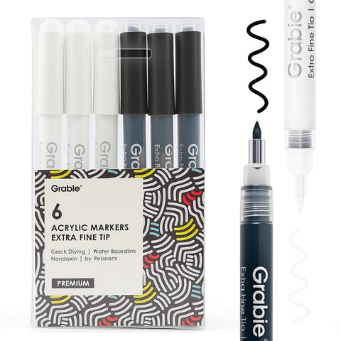 Grabie 6 Pack of Black & White Acrylic Paint Markers, 0.7 mm Extra Fine Tip