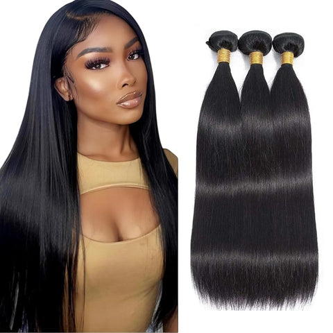 Human Hair Bundles 26 28 30 Inch #1B Natural Black Straight Doubles Weft Weave Unprocessed No Shedding Virgin Human Hair Extension 3 Bundles Total 150g For Women