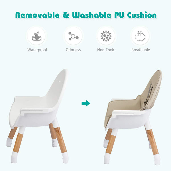 COSTWAY 4 in 1 Convertible High Chair, Multi-Functional Dining Highchair with Adjustable Legs, Detachable 4-Position Tray, 5-Point Seat Belt, Wooden Feeding Chair for Baby, Infants, Toddlers (Khaki)