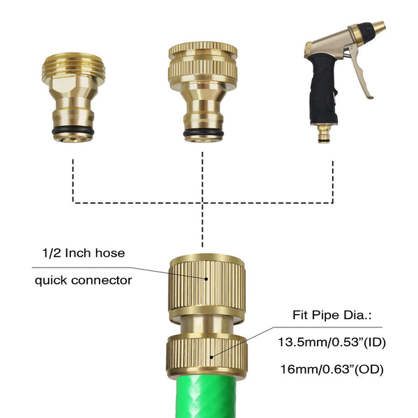 iBamso Garden Hose Connector, Solid Brass Garden Tap Connector, 1/2 Inch and 3/4 Inch 2-in-1 Faucet Connector, 1/2 Inch Quick Connect Garden Hose Fittings, Thread Easy Connect Faucet Adapter (4 Pack)