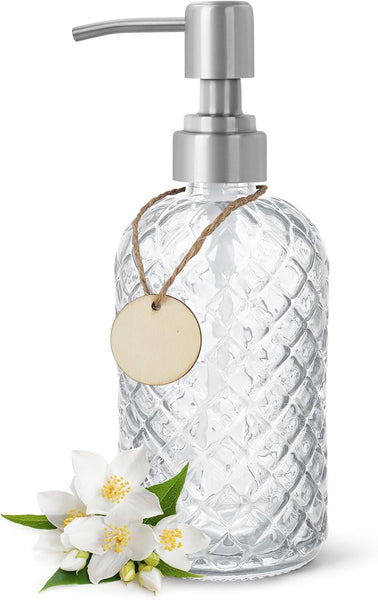 Topsky Glass Soap Dispenser with Siliver Metal Pump - 400ml Liquid Hand Soap Dispenser - Rustproof Pump for Kitchen & Bathroom, Great for Lotions, Essential Oil, Liquid Soaps Transparent