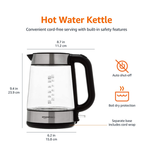 Amazon Basics Electric Glass Kettle, 1.7 Litres, Black, Silver