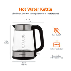Amazon Basics Electric Glass Kettle, 1.7 Litres, Black, Silver
