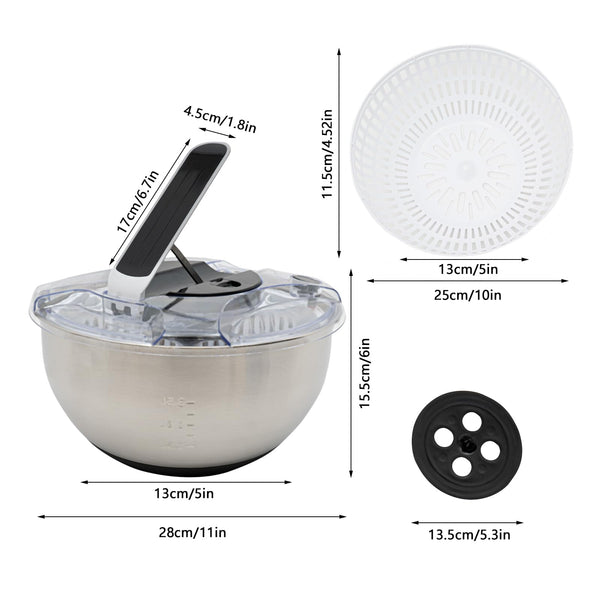 Salad Spinner Stainless Steel with Colander Basket, Handle and Lid, Quick Dry Design, Easy Drain System, Non-Slip Base, 3.5litre Lettuce Spinner Fruits Vegetable Washer Dryer