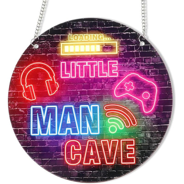 Neon Little Man Cave Sign Gaming Wooden Door Sign Video Game Hanging Wall Art Decorfor Son Kid for Bedroom Playroom Living Boy Room Decorations