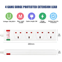 ExtraStar 4 Way Extension Lead with Surge Protection, 13A/250V~ Multi Sockets Power Strips, 3120W Fused UK Plug Wall Mounted Power Socket with 5M Extension Cord-White