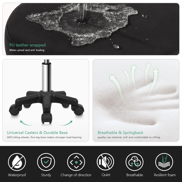 FURWOO Round Rolling Stool with Wheels Height Adjustable Spa Stool for Salon Massage Home Kitchen Black