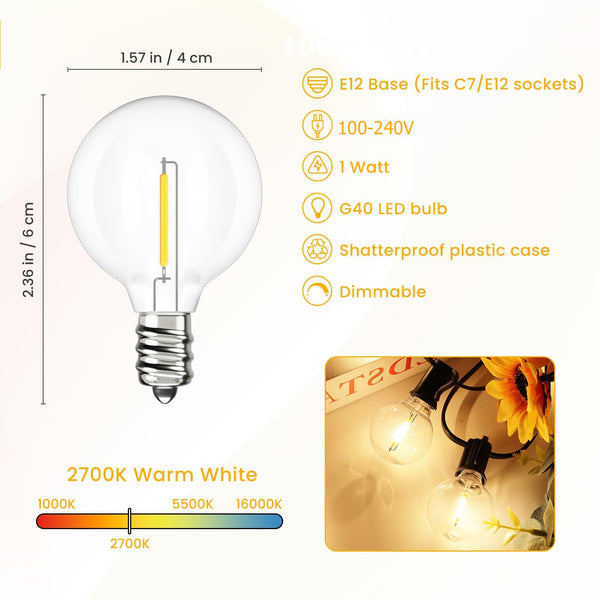 Svater 44m G40 LED Festoon Lights Outdoor, Connectable Garden Lights IP45 Weather-Resistant String Lights 2700K Warm White for Garden Wedding Gazebo Cafe Decor