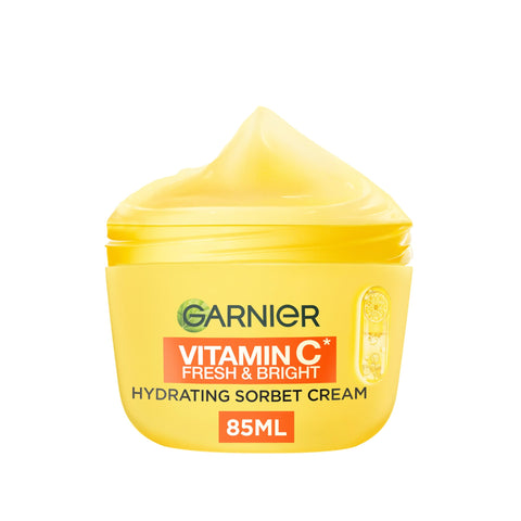 Garnier Vitamin C* Fresh & Bright Hydrating Sorbet Cream, 4% Vitamin C* & Niacinamide, Ultra Fresh & Light, For Dull, Uneven Skin, Cruelty Free International & Vegan - 85ml