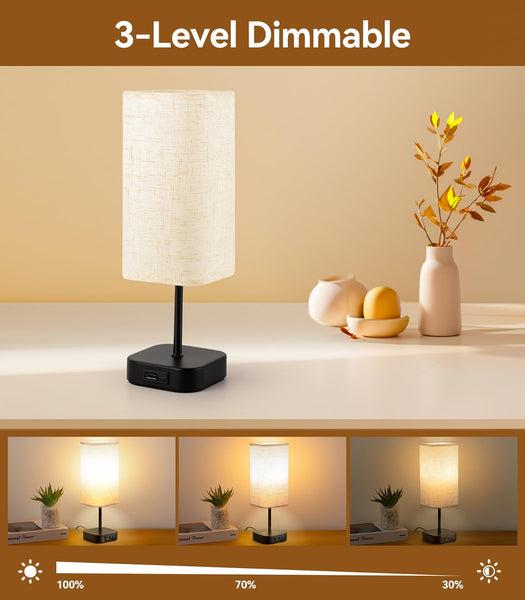 Table-Lamp-Bedside-Touch-Control-Dimmable-Charging-Rechargeable USB A+C Charger Ports 3-Way Dimmer Linen Fabric Shade Lamps LED Tables Lampe Reading Night Modern Lights Bedroom Living Bed Side Lounge