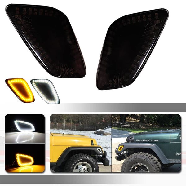 Tonsya 2 in 1 Full Amber white Led Light Black Smoked Lens kit Compatible With 1997-2006 Jeep Wrangler TJ Assembly Replacement Front Bumper Passenger Side Marker Turn Signal& Daytime runnning Lamp