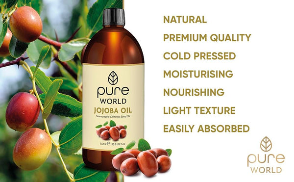 Pure World Natural Jojoba Oil 100% Pure and Undiluted 1 Litre 1000ml. Cold and Freshly Pressed Premium Quality Jojoba Oil – Skin, Nails, Body and Face, Vegan
