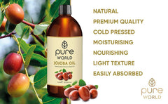 Pure World Natural Jojoba Oil 100% Pure and Undiluted 1 Litre 1000ml. Cold and Freshly Pressed Premium Quality Jojoba Oil – Skin, Nails, Body and Face, Vegan