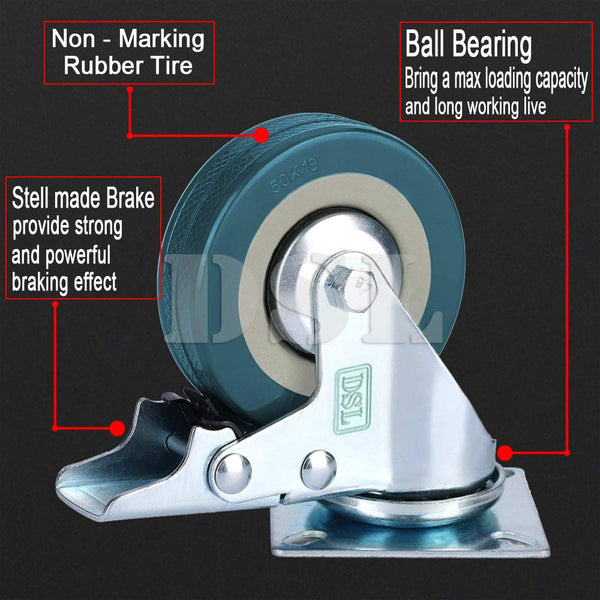 DSL Heavy Duty Braked 50mm Swivel Castor Wheels Trolley – Caster Wheels Set of 4 – Rubbered Castors for Furniture – Upto 200KG + Free Fitting