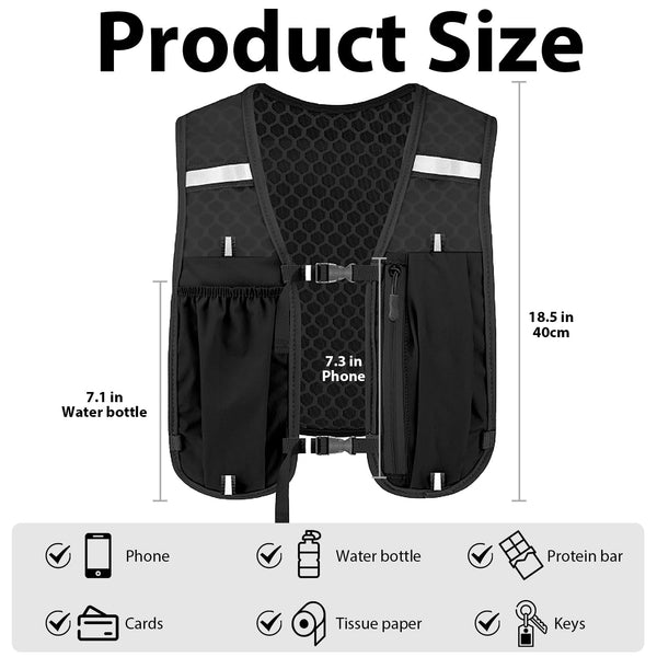 Unisex Running Vest with Phone Holder & Storage Adjustable Hydration Vest Lightweight & Breathable Running Backpack for Running Cycling Hiking (black, one size)