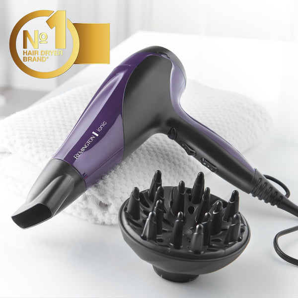 Remington Hair Dryer Ionic (Powerful, Fast Professional Styling, Diffuser, Concentrator, Ionic Conditioning for Frizz Free Hair, 3 Heat / 2 Speed Settings, Cool Shot, 2200W, Purple) D3190