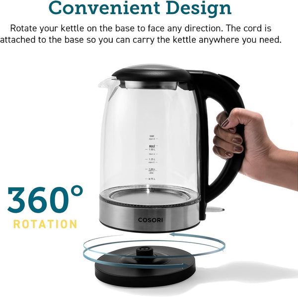 Cosori Kettle, 3000W, Food-Grade Stainless Steel Filter & Inner Lid, Glass Spout, BPA Free, Easy-Clean & No-Splash Design, Electric Fast Boil Tea Kettles With LED, Boil-Dry Protection, Black