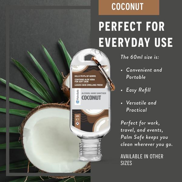 Palm Safe Coconut 3 Pack 60ml Anti Bacterial Premium Hand Sanitiser Travel Size Refillable Clip Bottle Quick Drying Non Sticky Extra Moisturising Kills 99.9% of Viruses and Bacteria
