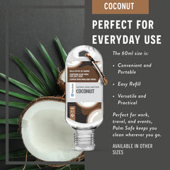Palm Safe Coconut 3 Pack 60ml Anti Bacterial Premium Hand Sanitiser Travel Size Refillable Clip Bottle Quick Drying Non Sticky Extra Moisturising Kills 99.9% of Viruses and Bacteria