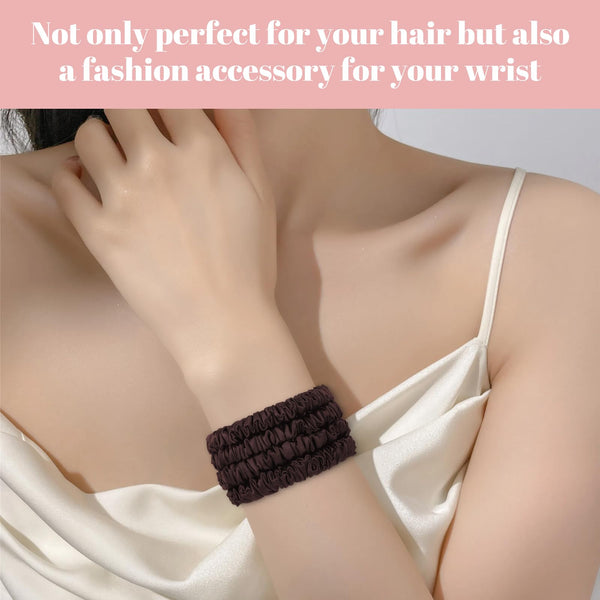 Scrunchies Hair Ties Silk Satin Scrunchy, WantGor Women 4PC Pure Mulberry Silk Skinny Elastic Scrunchies Hair Bands Bracelets Ponytail Holders Hair Accessories (Brown*4)