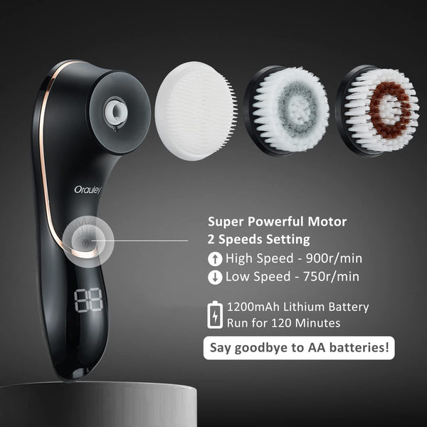 Facial Cleansing Brush, Rechargeable IPX-7 Waterproof Exfoliator for Women & Men with 4 Brush Heads
