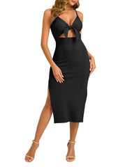 oten Casual Cutout Twist Front Ribbed Dress Spaghetti Strap Sleeveless Side Slit Cocktail Party Bodycon Midi Dresses Black X-Small