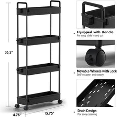 SOLEJAZZ 4-Tier Storage Trolley Cart Slide-out Slim Rolling Utility Cart Mobile Storage Shelving Organizer for Kitchen, Bathroom, Laundry Room, Bedroom, Narrow Places, Plastic, Black