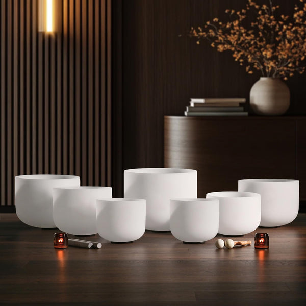 CVNC 432HZ 7-12 Inch Set of 7 Pcs Frosted Quartz Crystal Singing Bowls Set with 2 Pcs Carry Case Bags for Sound Healing Meditation