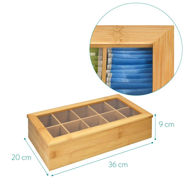 Navaris Bamboo Tea Box - Chest Organiser with 10 Compartments for Tea Bags - Wooden Case Container with Transparent Lid for Individual Tea Bag Storage