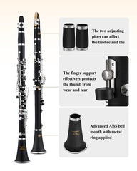 Eastar B Flat Clarinet for Beginner, Ebonite Clarinet Nickel-plated with 2 Barrels, 3 Reeds, White Gloves, Hard Case, Cleaning Kt, ECL-300