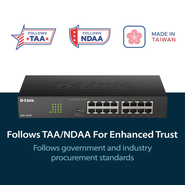 D-Link DGS-1016D 16-Port Green Ethernet Copper Gigabit Switch, Hub, Internet Splitter, Metal, Fanless, Plug and Play - UK Model, black DGS-1016D