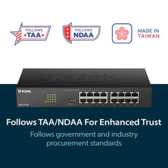 D-Link DGS-1016D 16-Port Green Ethernet Copper Gigabit Switch, Hub, Internet Splitter, Metal, Fanless, Plug and Play - UK Model, black DGS-1016D