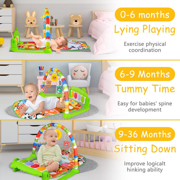 AOMIG Baby Play Mat, Baby Piano Gym with Music and Lights, Play Mat with Detachable Activity Toys, Early Development Activity Baby Play Mat Toy Gift for Babies