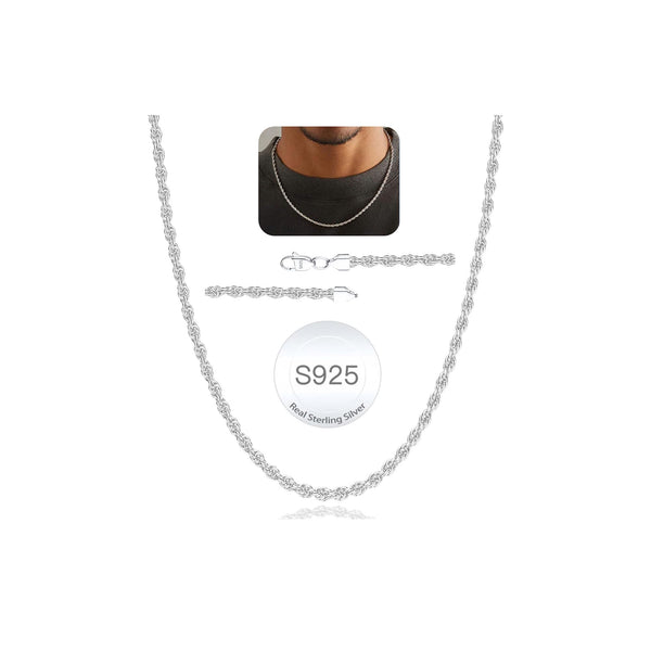 Avotto 925 Sterling Silver Chain for Men 2.5mm Mens Silver Chain Necklace Rope Chains Neckalce for Men Boys Kids Teen Boys Valentines Jewelry Gifts 18 Inch