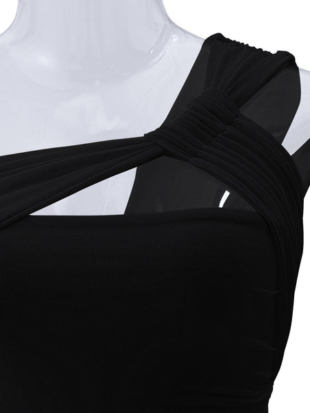 REORIA Womens Sexy One Shoulder Asymmetrical Tank Top Leopard Print Mesh Ruched Sleeveless Backless Trendy Going Out Thong Bodysuits Tops Black X-Small