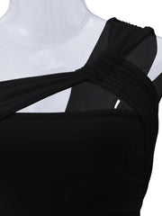 REORIA Womens Sexy One Shoulder Asymmetrical Tank Top Leopard Print Mesh Ruched Sleeveless Backless Trendy Going Out Thong Bodysuits Tops Black X-Small