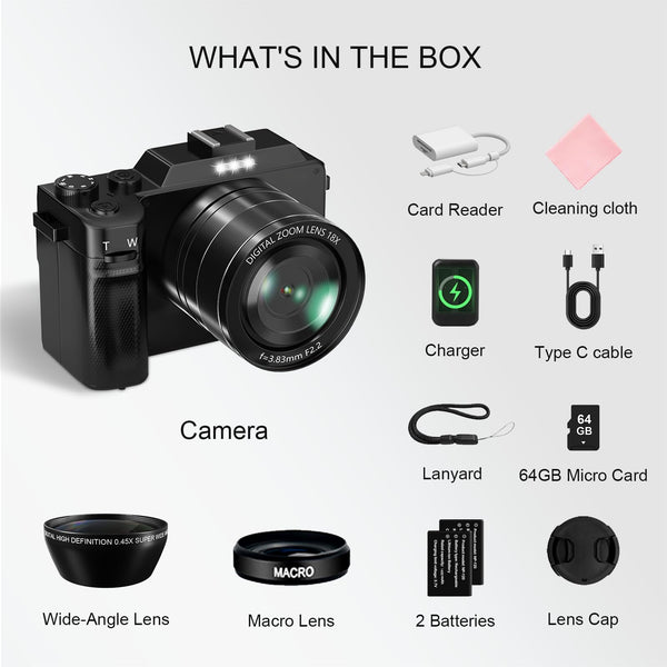 Digital Camera, 5K 64MP Cameras for Photography with WiFi, 64GB Card, Autofocus, Selfie 3" LCD Screen Compact Vlogging Camera for Youtube, Wide & Macro Lens for Beginners Adults Tenns