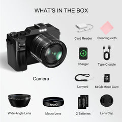 Digital Camera, 5K 64MP Cameras for Photography with WiFi, 64GB Card, Autofocus, Selfie 3" LCD Screen Compact Vlogging Camera for Youtube, Wide & Macro Lens for Beginners Adults Tenns