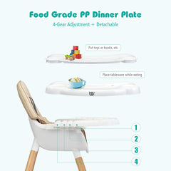 COSTWAY 4 in 1 Convertible High Chair, Multi-Functional Dining Highchair with Adjustable Legs, Detachable 4-Position Tray, 5-Point Seat Belt, Wooden Feeding Chair for Baby, Infants, Toddlers (Khaki)