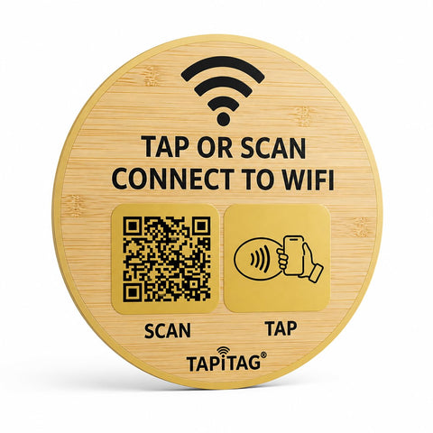 TAPiTAG Bamboo WiFi Porter – NFC Tap & QR Code WiFi Sign | Connect to WiFi in Seconds | No App Required | No Subscription | Custom Landing Page | Café, Airbnb, Hotel & Office (70mm)