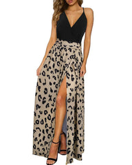 Newshows Women's Summer V Neck Spaghetti Strap Sleeveless Casual Split Long Maxi Wedding Guest Dress Leopard 01,M